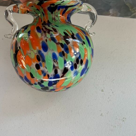 Vintage Hand Blown Art Glass Comfety Spotted Heavy Vase 2 Handles - Picture 12 of 16